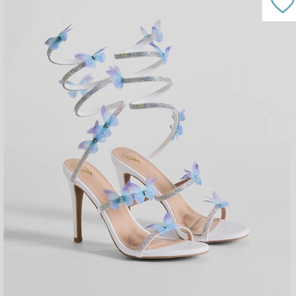 Windsor White Heels with Blue Butterfly Details